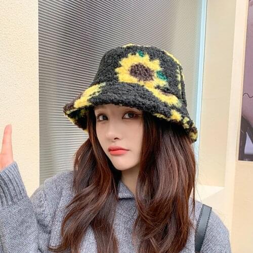 Autumn and Winter New Lamb Fur Hat Fashion Sunflower Fisherman Hat Warm and Thick Ladies Bucket Hat Hip Hop Bob Panama Hat