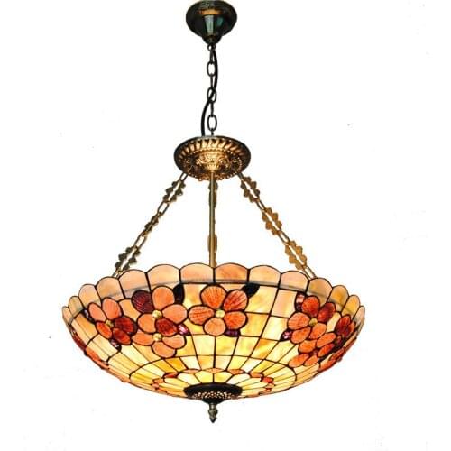 20" Vintage Stained Glass 5 Lights Inverted Pendant Light Baroque Style Shell Lampshade Restaurant Bar Decoration Fixtures PL750
