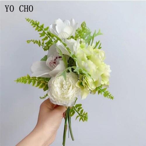YO CHO Bridal Bouquet Artificial Flower Silk Rose Orchid Hydrangea White Flower Bouquet Sims Azalea Camellia Wedding Flowers