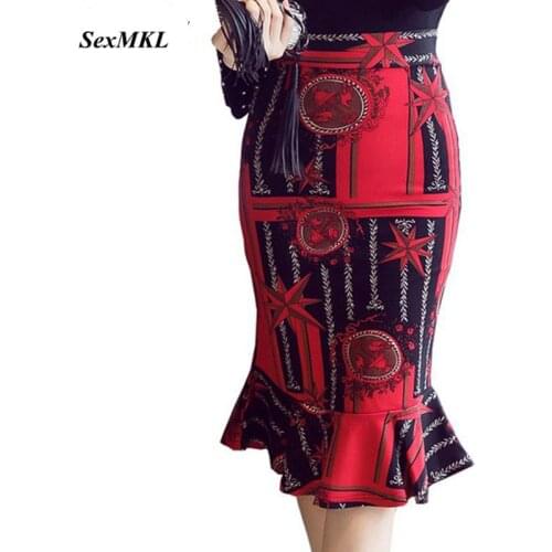 S-5XL Women Skirts 2020 Winter Elegant Sexy High Waist Skirt Vintage Office Ladies Formal Print Long Pencil Skirts Red Plus Size