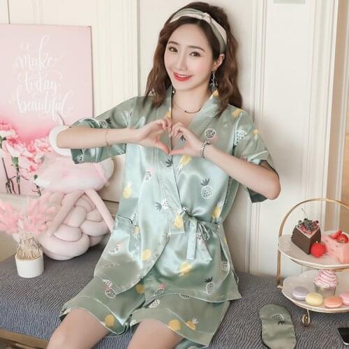 Japanese-Style women simple Kimono Pajamas Summer Silk Short Sleeve Students Home clothes Two-Piece pajama Set shorts sleepwear