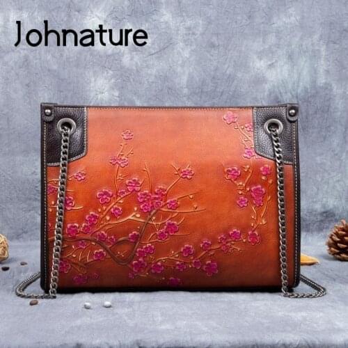 Johnature Retro Embossed Genuine Leather Women Bag 2021 New Handmade Nature Soft Cowhide Versatile Shoulder & Crossbody Bags