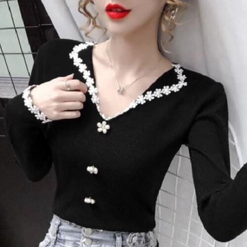Sweaters For Women 2021 Long Sleeve Women Sweater Tops Women Beading V-Neck Knitted Sweater Women Pullover Womens Sweaters D841