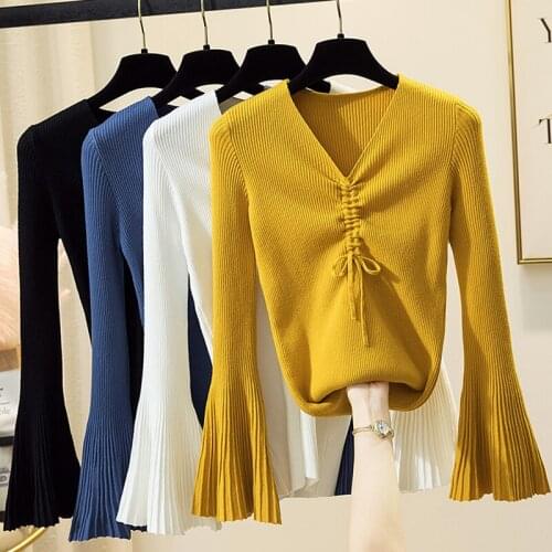 Temperament Flare Sleeve Fall Knitted Pullovers Women New V-neck Slim Outerwear Sweater Chic Drawstring Designed Jumpers