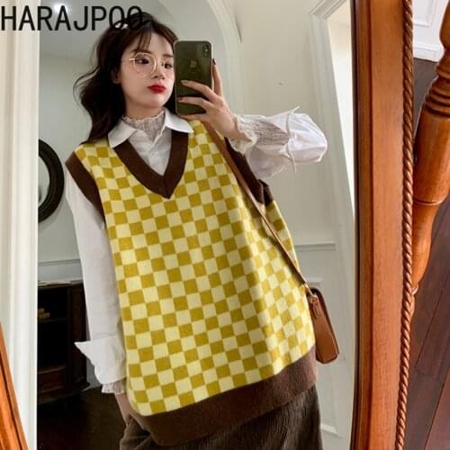 Harajpoo Women Waistcoat V Neck Lattice Outer Vest Japanese Spring Autumn 2021 New Niche Design Sense Stacking Knitted Sweater