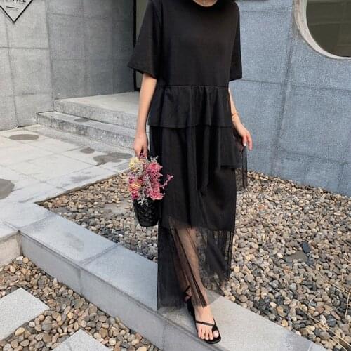 NYFS Summer dress 2021 New Fake two pieces net yarn long dress Vestidos Robe Elbise Cotton Korean Loose irregular Woman dress