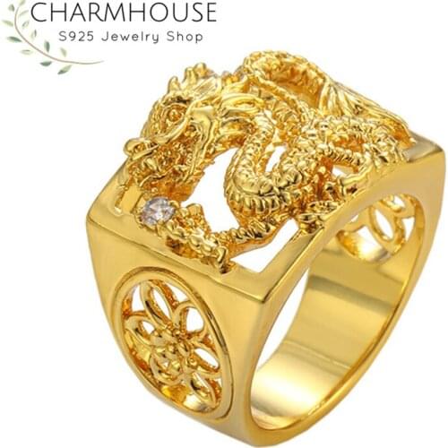 Charmhouse Gold Color Rings for Man Wedding Band Hugh Wide Dragon Finger Ring Anillo Bague Homme Size 10/11/12 Trendy Jewelry