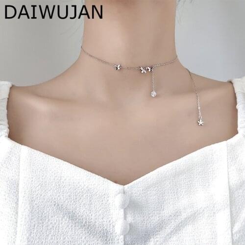 DAIWUJAN New 925 Sterling Silver Butterfly Crystal Tassel Choker Necklace For Women Sweet Flower Y Chain Necklaces Sexy Jewelry