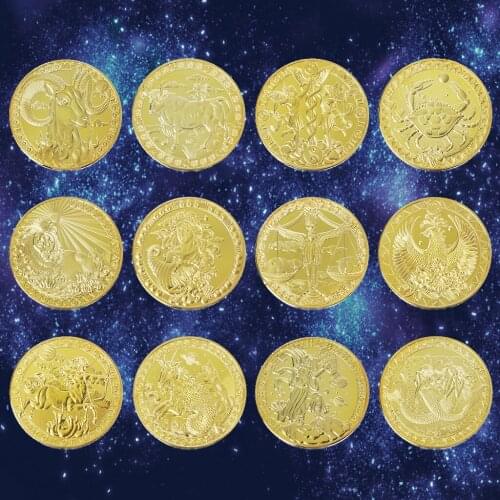 12PCs Twelve Constellation Zodiac Gold Commemorative Coins Euro Astrology Tarot Wishing Sun God Lucky Love Souvenir Medals
