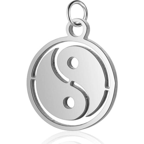 5pcs/lot 304 Stainless Steel Charms pendants for necklace jewelry making, Flat Round with Tai Ji,14x12x1mm, Hole: 2.5mm F60