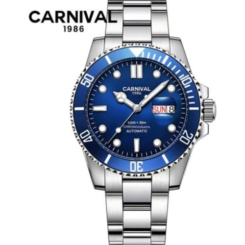 Water Ghost Series CARNIVAL Automatic Watches Men Calendar Luminous Mechanical Watch Hombre Week Waterproof Blue Dial