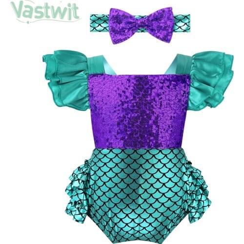 Baby Girl Shiny Sequin Mermaid Cosplay Costume Romper Jumpsuit with Headband Toddlers Kids Halloween Costume Sunsuit Outfits