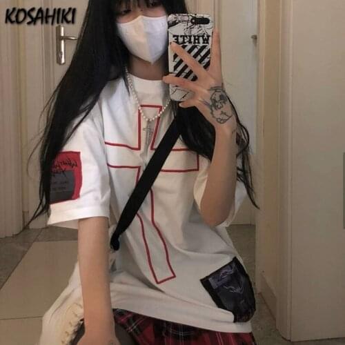 KOSAHIKI Short Sleeve T-shirts Ins Cross Embroidery Harajuku Teens Top Tees Retro Loose Fashion Preppy Girl Tshirts Streetwear