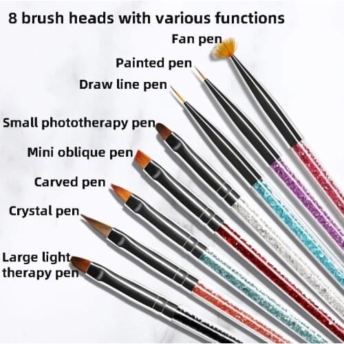 Nail Art Rhinestone Pen 8 Painted Brushes Flower Fan Shading Pen DIY Pull Line Carving Light Therapy Pen Nail Tools Carving Hot