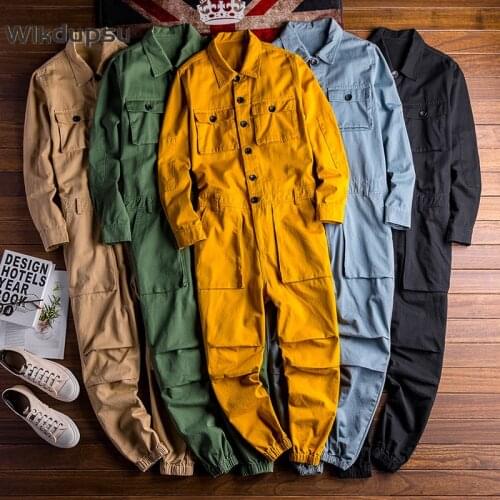 Mens Jumpsuit Long Sleeve Overalls Rompers Hip Hop Streetwear Cargo Pants Khaki Green Black Male Fall Winter Trousers Plus Size