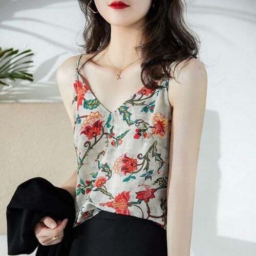 Fashion Women MOYISU Brand 2021 Summer Sexy Low-Cut Tanks Top Sleeveless V-neck Chiffon Blouse Printing Camisole