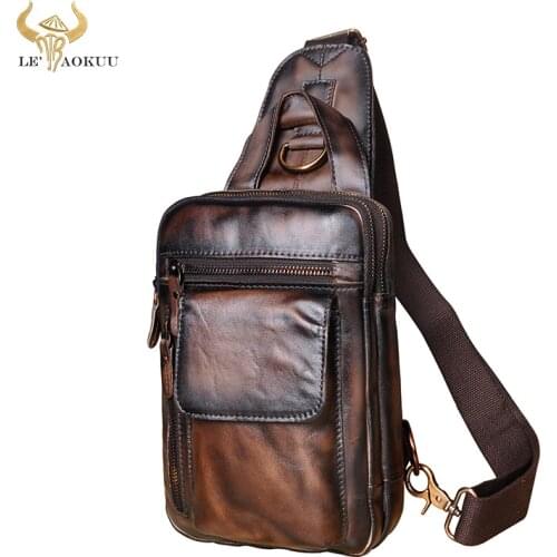 Men Original Leather Fashion Casual Chest Sling Bag Coffee 8" Tablet Tea Design Travel Daypack One Shoulder Bag Male B574