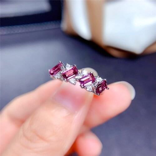 Natural Princess Square Garnet Row Ring S925 Sterling Silver Fuchsia Woman Ring Exquisite Engagement Gift