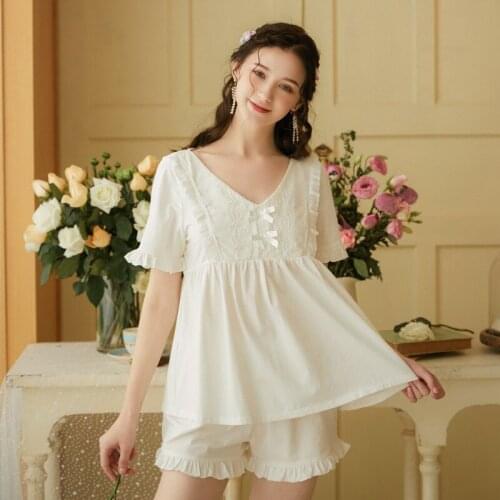Sexy Women Sleep Nightwear Suits V Neck Night Lace Bow Cotton Pajama Sets Sleepwear 2 Pieces Shorts Homewear