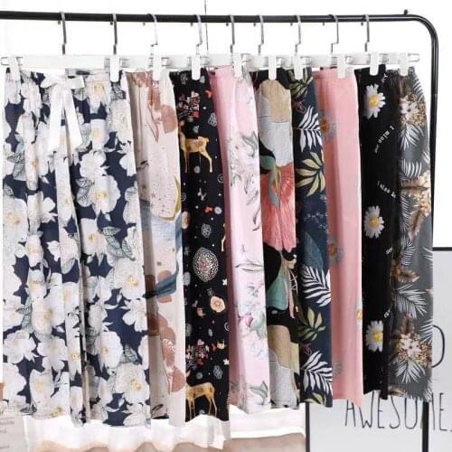 Spring Summer Cotton Pajamas Women Sleepwear Loose Wide Leg Pants Nightwear Print Flower Elastic Waist Home Clothes Lounge Wear