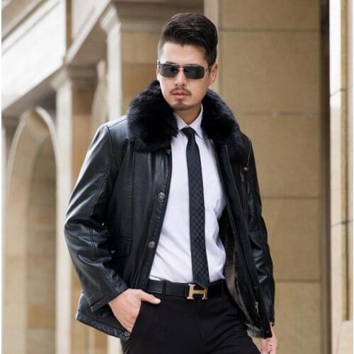 Plus velvet warm leather jacket men clothing long mens trench coats fur collar brown casual chaquetas motocicletas hombre spring