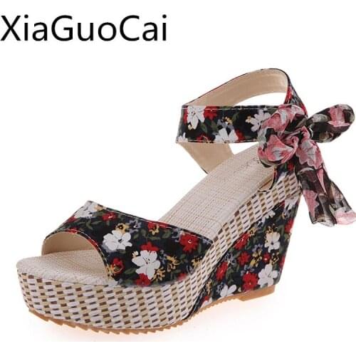 Women Sandals Summer Wedge High Heels for Ladies Bohiemia Style Floral Print Female Sandals Beach Height Increasing Shoes