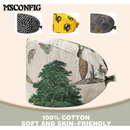 New Style 100% Cotton Floral Print Female Nurse Cap Surgeon Surgical Cap Dentist Cap Kitchen Beauty Salon Adjustable Scrub Cap