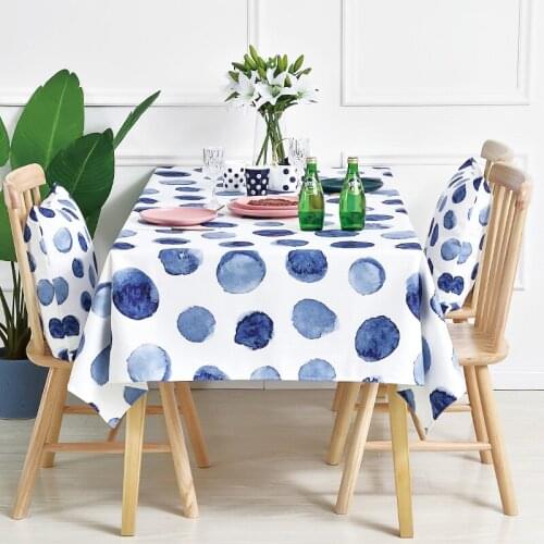 MIDOSHARK Nordic blue polka dot cotton and linen waterproof tablecloth suitable for square and round tables Home table cover