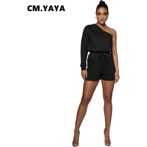 CM.YAYA Women Set Solid One Shoulder Full Sleeve Skew Collar Tops and Shorts Two 2 Piece Sets Tracksuit Sweatsuit Summer Outfits