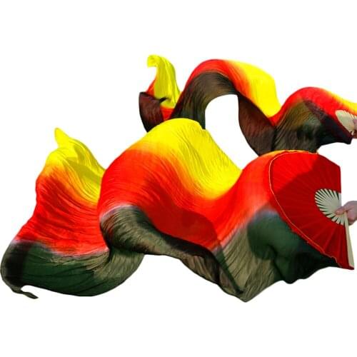 100% Real Silk Belly Dance Fans 1Pair Handmade Dyed Silk Belly Dance Long Fans Vertical Stripes Black+Red+Yellow Dance Props Fan