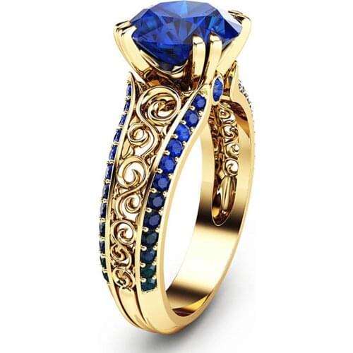 Vintage carving blue crystal sapphire ruby gemstones rings for women diamonds jewelry 14k gold color jewelry bijoux bague gifts