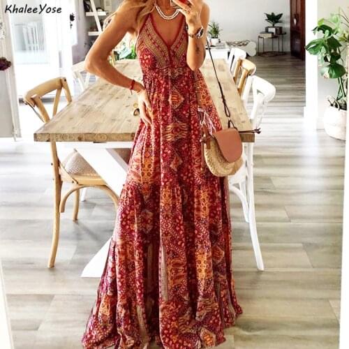 KHALEE YOSE Vintage Chic Floral Maxi Dress Summer Holiday Boho Women Dresses Strappy Ruffles Ladies Casual Female Red Dress