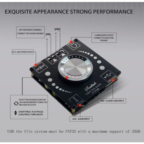 XY-AP100L Bluetooth 5.0 100WX2 Stereo Amplifier Board AUX USB Sound Card Digital Power Amp Amplificador DC 12V 24V Music Amp