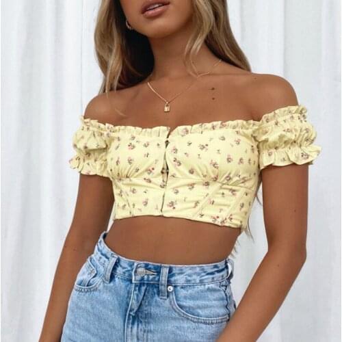 Women Fashion Stylish Shirt Summer Solid/Floral Printing Off Shoulder Buckle Back Zipper Corset Crop Tops Sexy Club Streetwear