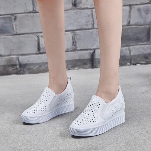 White Shoes Women Sneaker with Heels 7CM Loafers Womens Leather Sneakers Platform Wedge Shoes for Women Autumn New Hollow Out