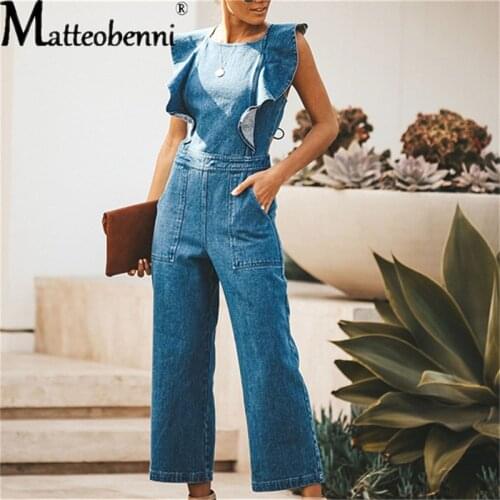 Sleeveless Ruffles Design Backless Denim Rompers Women Jumpsuit 2021 Spring Autumn Casual One Piece Overalls Streetwear Jumpsuit