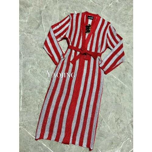 Ukraine Top Fashion Acrylic Sashes Autumn Empire Dress 2019 New Ol Temperament Vertical Striped Waist Strap Long Dress Women