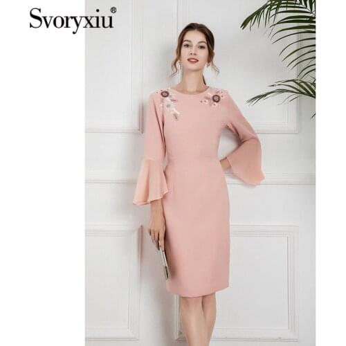 Svoryxiu Fashion Summer Women Pink Black Knee-Length Dress Solid O-Neck Sequins Diamond Beaded Flower Pattern A-Line Dresses