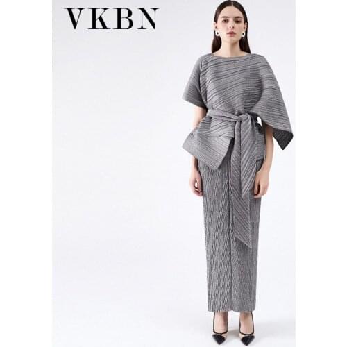 VKBN Summer Dress Women Shawl Suit Slash Neck Sleeveless Pleated Fabric In Multiple Colors 2 Piece Set Women Dress Elegant