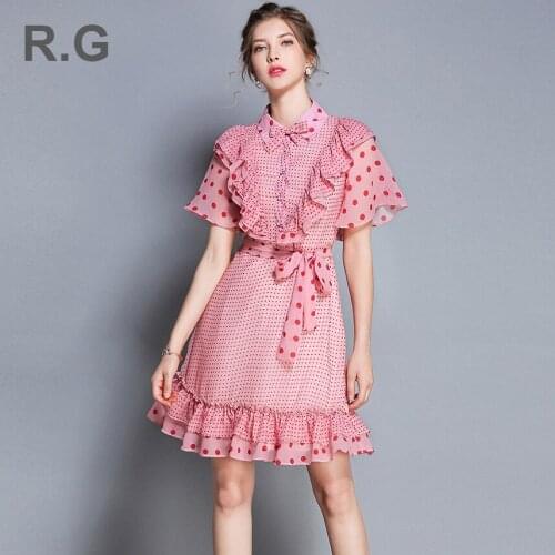 RG Fashion Dot Printed Women Dress Princess Style Peter Pan Collar Ruffle Pink Dresses Summer Plus Size 2XL robe femme ete 2018