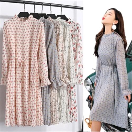 2020 spring autumn floral lace mid-length female chiffon dress long-sleeved pleated slim big size loose womens spring dress
