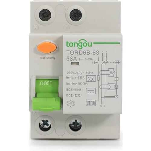 2P TypeB 63 Amp RCD RCCB DC 230V 400V 30mA 10KA Residual Current Circuit Breaker for Electric Vehicle EV Charging Pile