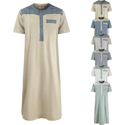 Abaya Dubai Clothes Men Muslim Short Sleeve Robe Fashion Modest Dress Vintage Casual Stitching Kaftan Turkey Islamic Clothing