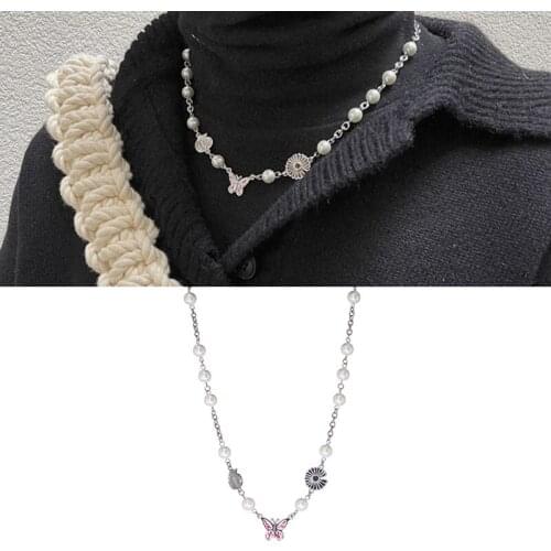 Japan and South Korea Fashion Hip Hop Pink Butterfly Clavicle Chain Pearl Pendant Necklace Banquet Jewelry Accessories