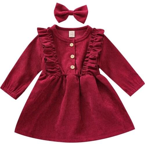 Baby Children Girl Dress Infant Toddler Long Sleeve Round Collar Ruffle Buttons Princess Pleated Fall Skirt Headband 6M-5T