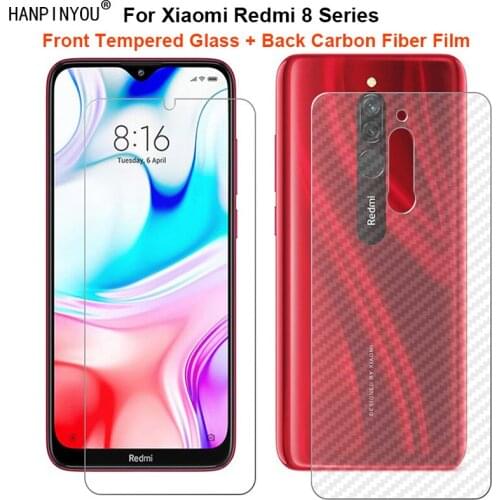 For Xiaomi Redmi 8 8A Dual Pro 1 Set = Soft Back Carbon Fiber Film + Ultra Thin Clear Tempered Glass Front Screen Protector