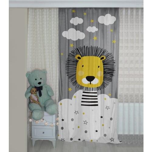 Lion Patterned Background Curtain Velvet Curtain Kids Room Drape Animals Bear Stars Cloud