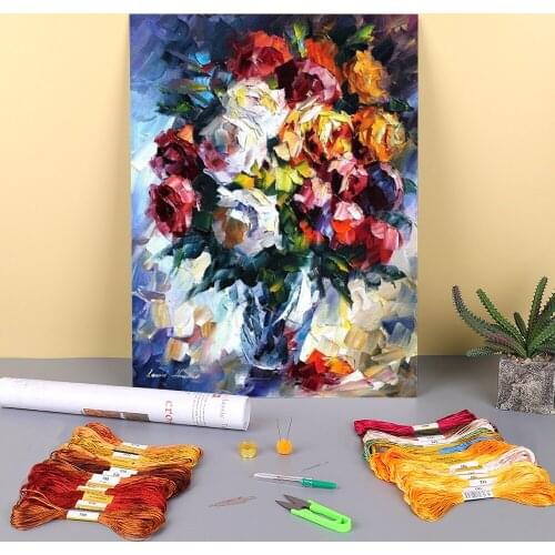 Flowers Love Printed Canvas 11CT Cross-Stitch Embroidery Set DMC Threads Sewing Handicraft Knitting Craft Counted Decor