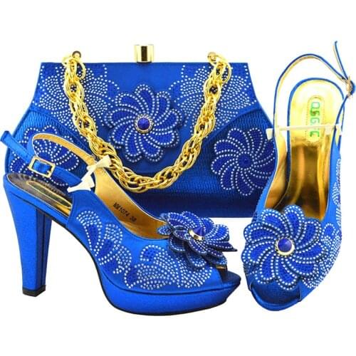 Blue Color Italian Shoe with Matching Bag Set Decorated with Rhinestone African Shoes and Bag Set for Party In Women Italy Shoes