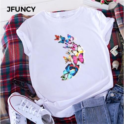 JFUNCY 2021 Summer Women Cotton T Shirt Woman Short Sleeve Tops Butterfly Print Tshirt Plus Size Casual Loose Female Tees